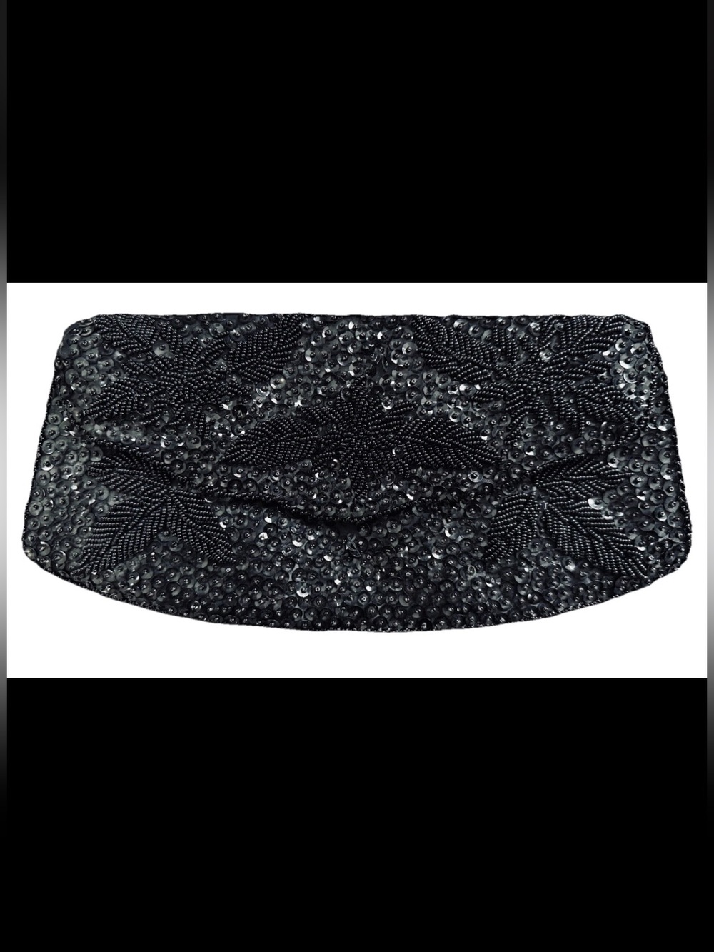 VTG Fancy Kane M Black Beaded Sequin Clutch Evening Bag Handmade Hong Kong Leaf